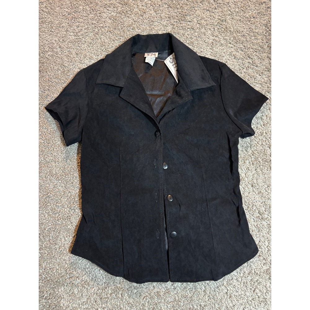 Vintage 5-7-9 Black Faux Suede Button Shirt Short Sleeve Stretch Small USA Y2K